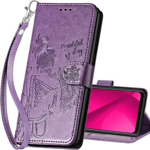 for T-Mobile Revvl 7 5G Wallet case, Purple-Girl | 3 Card Holders, Kickstand, Shockproof TPU Shell, PU Leather, Magnetic Closure, Protective Flip Folio Cover, Women - color: 2