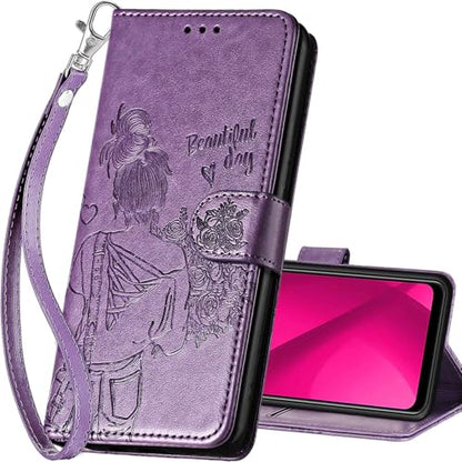 for T-Mobile Revvl 7 5G Wallet case, Purple-Girl | 3 Card Holders, Kickstand, Shockproof TPU Shell, PU Leather, Magnetic Closure, Protective Flip Folio Cover, Women - color: 2
