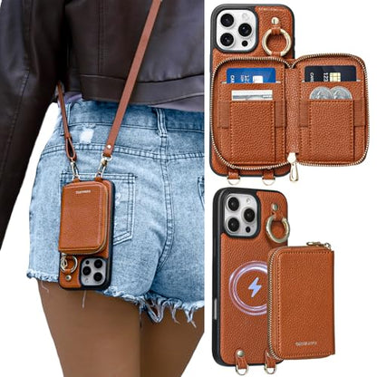 ORNARTO Magnetic Detachable Wallet Case for iPhone 16 Pro Max, Brown | Compatible with MagSafe, Crossbody Wallet Case with Card Holder Wrist Strap, RFID Blocking PU Leather Wallet Phone Cover 6.9” - color: Brown