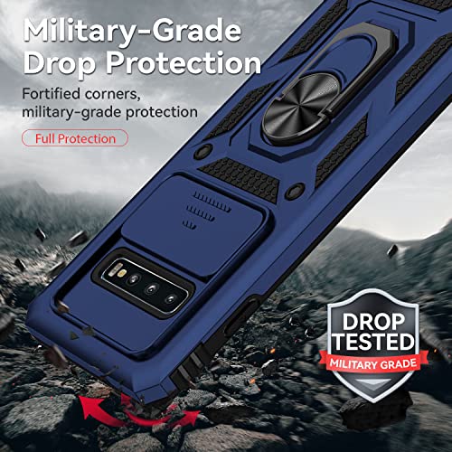 for Samsung Galaxy S10 Plus Case with Camera Lens Cover HD Screen Protector, Military-Grade Drop Tested Magnetic Ring Holder Kickstand Protective Phone Case for Samsung Galaxy S10+ Plus (Navy Blue) - color: Navy Blue with camera cover Military-Grade 2nd g