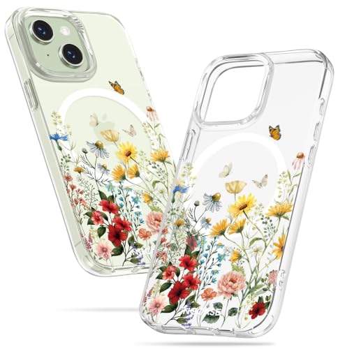 Cute Magnetic Case for iPhone 15 - Clear Slim Phone Cases Compatible with MagSafe Retro Flower Pattern Unique Design for Women Girls Girly Soft TPU Protective Cover for Apple 15 - color: Retro Flower, size: for iPhone 15