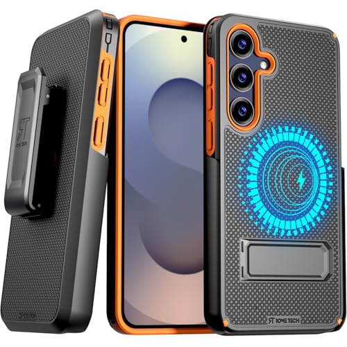 Designed for Samsung Galaxy S25 Case with Belt Clip Holster | Rugged Cover with Strong Magnet & Kickstand Heavy Duty Combo - Black & Orange - color: Black & Orange