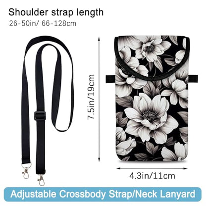 Neoprene Cell Phone Sleeve Pouch Case Bag with Crossbody Strap Neck Lanyard for Women 7.5 X 4.3 in Flower Black - color: Flower Black 1