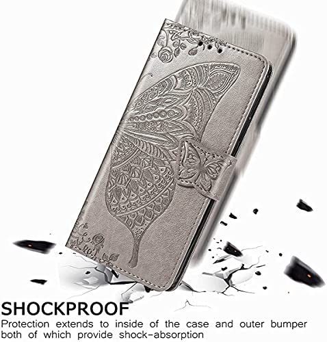 for iPhone 12 Pro/iPhone 12 Wallet Case,Women Flip Folio Cover with Butterfly Embossed PU Leather Kickstand Credit Card Holder Slots Wrist Strap for iPhone 12/12 Pro 6.1 inch (Gray) - color: Gray