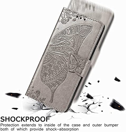 for iPhone 12 Pro/iPhone 12 Wallet Case,Women Flip Folio Cover with Butterfly Embossed PU Leather Kickstand Credit Card Holder Slots Wrist Strap for iPhone 12/12 Pro 6.1 inch (Gray) - color: Gray