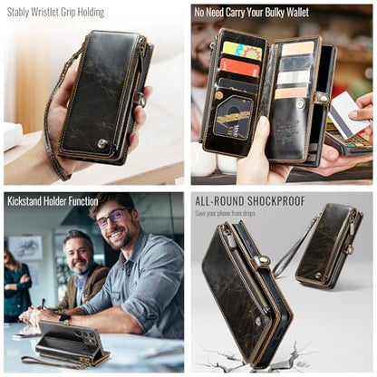 Defencase for Samsung Galaxy S25 Ultra Wallet Case with Card Holder, Coffee | with RFID Blocking Zipper Pocket, Durable PU Leather, Wrist Strap, S25 Ultra Flip Phone Cases Cover with Stand for Women Men - color: Coffee