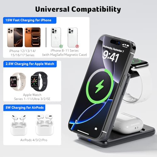 Acer 3 in 1 Charging Station for iPhone, Wireless Charger Stand,15W Fast MagSafe Charger for iPhone 17 16 15 14 13 12 Series-Apple Watch 11 10 9 8 7 6 5 4 3 2 SE and Ultra Series-Airpods 4 3 2 Pro - color: SL-S3-White