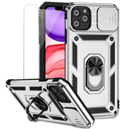 for iPhone 11 Pro Case with Camera Lens Cover HD Screen Protector, Dual Layer Military Grade Drop Protection Magnetic Ring Holder Kickstand Protective Phone Case for iPhone 11 Pro 5.8 inch (Silver) - color: Silver with camera cover Military-Grade 2nd gen