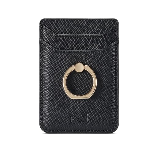 Card Holder Sleeve with Ring, RFID Credit Wallet PU Leather Stick On Back Grip for iPhone Samsung Smartphone - Black - color: Black