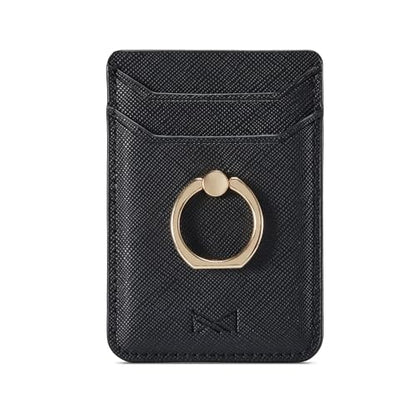 Card Holder Sleeve with Ring, RFID Credit Wallet PU Leather Stick On Back Grip for iPhone Samsung Smartphone - Black - color: Black