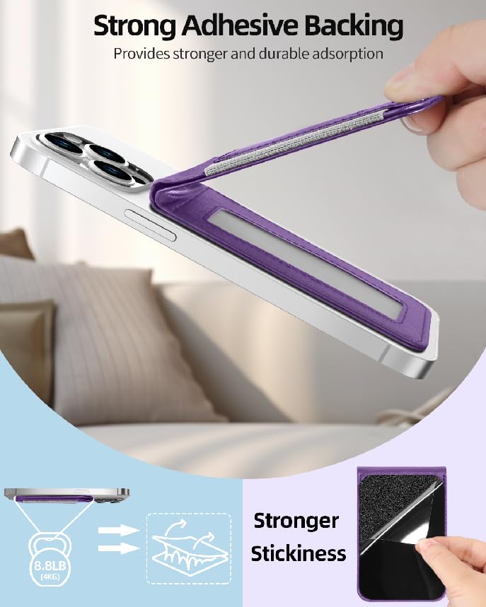 Phone Wallet Stick On with Stand, Adhesive Phone Card Holder, 8-Card Holder - color: Purple