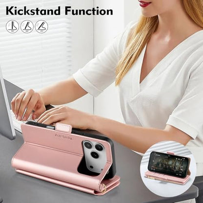 Antsturdy for iPhone 17 Pro Max Phone Wallet Case Women,Rose Gold | RFID Blocking,with Credit Card Holder Slots,PU Leather Purse,Zipper Pocket,Wrist Strap Kickstand,Flip Folio Cover for Men - color: Rose Gold