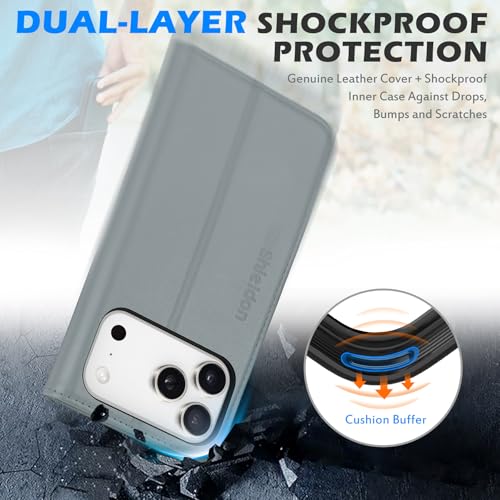 SHIELDON Real Leather Magnetic Case Wallet for iPhone 17 Pro Max 6.9", Gray | Flip, Magnetic Closure, RFID Blocking 3 Card Holder, Kickstand, Full Protection, Shock Absorbing Protective Cover - color: Gray