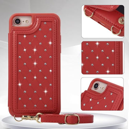 Crossbody Wallet Case for iPhone 7/8/SE 2020/SE 2022(4.7") with Detachable Strap - PU Leather Flip Folio with Card Slots & RFID Blocking, Sparkling Diamond Accents-Red - color: Red, size: iPhone 7/8/SE 2020/SE 2022(4.7")