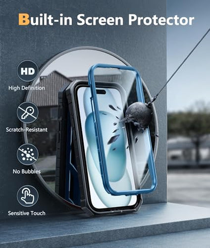 FNTCASE for iPhone 15/14/13 Case, Built-in Screen Protector, Kickstand Blue | 20FT Military-Grade Drop Protection, Anti-Slip Matte Textured, Rugged Heavy Duty Shockproof Protective Phone Cover, Blue - color: Blue