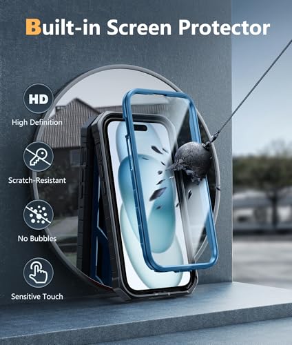 FNTCASE for iPhone 15/14/13 Case, Built-in Screen Protector, Kickstand Blue | 20FT Military-Grade Drop Protection, Anti-Slip Matte Textured, Rugged Heavy Duty Shockproof Protective Phone Cover, Blue - color: Blue