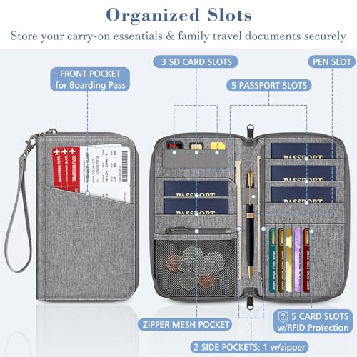 FINTIE Family Passport Holder Wallet Travel Document Organizer Clutch Bag | RFID Blocking Credit Cards Case Cover for Women Men - color: Snowflake Gray