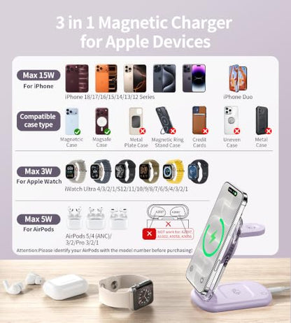 Mukiya 3 in 1 Magnetic Wireless Charging Station for Apple Devices - color: Purple