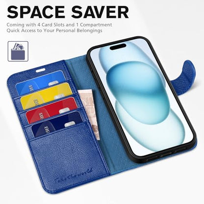TUCCH Wallet Case for iPhone 15 (6.1") 2023, Flip Stand, Klein Blue | RFID Blocking, 4 Card Holders, Kickstand, PU Leather, Shockproof TPU Shell, Magnetic Closure, Protective Folio Cover - color: Klein Blue