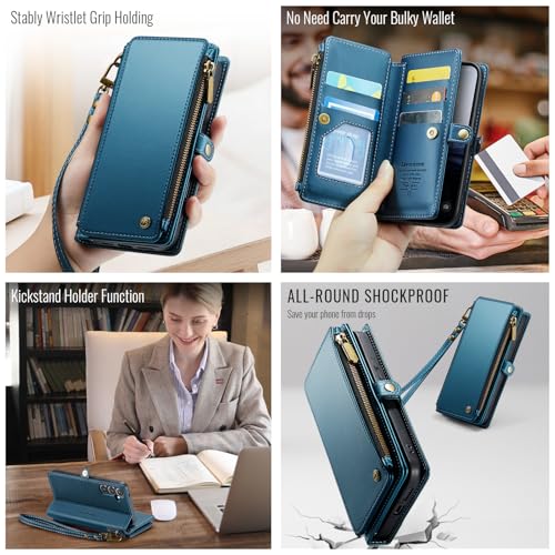 Defencase for Samsung Galaxy S25 Wallet Case with RFID Card Holder, Blue | Durable Soft PU Leather, with Zipper Pocket, Wrist Strap, Fashion Snap Flip S25 Phone Cases Cover with Stand for Women Men - color: Dark Blue