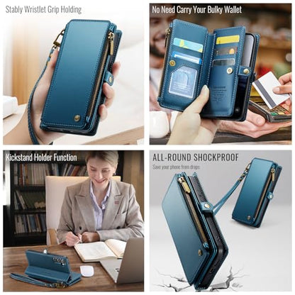 Defencase for Samsung Galaxy S25 Wallet Case with RFID Card Holder, Blue | Durable Soft PU Leather, with Zipper Pocket, Wrist Strap, Fashion Snap Flip S25 Phone Cases Cover with Stand for Women Men - color: Dark Blue