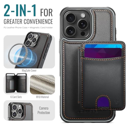 WJX for iPhone 16 Pro MagSafe Wallet Case, 2-in-1 Detachable Luxury Card Holder, Universal MagSafe Compatible, RFID Blocking, Shockproof Kickstand Slim Cover， Black - color: Black, size: iPone 16 Pro