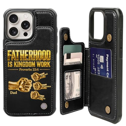 Fatherhood is Kingdom Work Golden Fist Bump Personalized Leather Flip Wallet Phone Case Custom Protective Cellphone Cover Religious Gift for Dad Husband