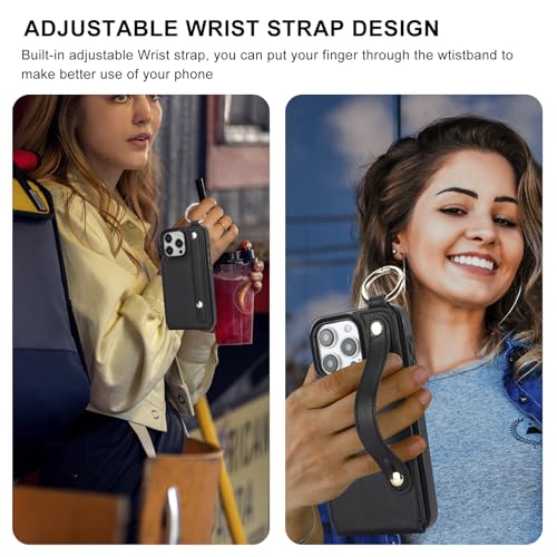 Folosu for iPhone 15 Pro Max Wallet Case with Card Holder, Hand Wrist Strap Loop Holder Kickstand, RFID Blocking Finger Grip Ring PU Leather Double Buttons Shockproof Cover 6.7" Black - color: Black