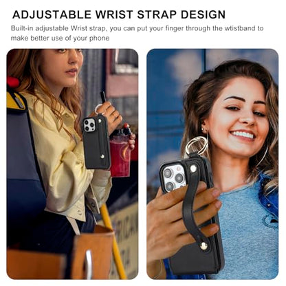 Folosu for iPhone 15 Pro Max Wallet Case with Card Holder, Hand Wrist Strap Loop Holder Kickstand, RFID Blocking Finger Grip Ring PU Leather Double Buttons Shockproof Cover 6.7" Black - color: Black