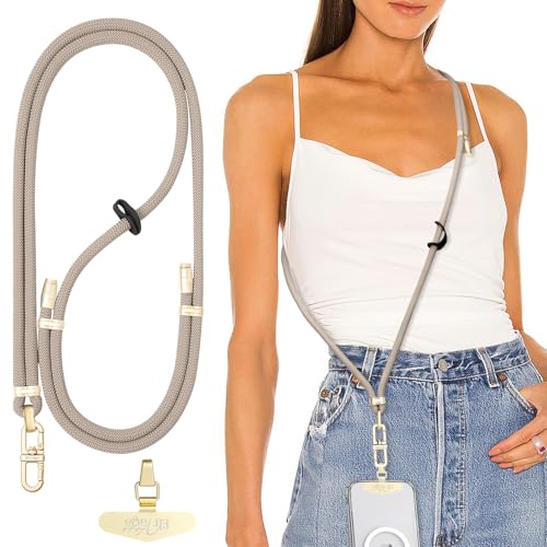 Adjustable Anti-Theft Phone Lanyard Neck & Crossbody Strap with 0.2mm Metal Tab & Comfort-Fit 8mm Rope (Khaki) - color: Khaki