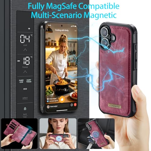 Compatible with iPhone 17 Wallet Case with Magsafe,Red | Magnetic Detachable Case,Card Holder,Zipper Pocket,Strap Wristlet, Soft Leather Drop-Proof Phone Case for iPhone 17 6.3" - color: (Detachable and Magsafe)-Red, size: iPhone 17 6.3 Inch