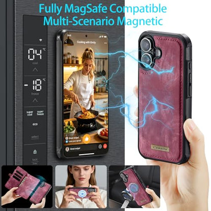 Compatible with iPhone 17 Wallet Case with Magsafe,Red | Magnetic Detachable Case,Card Holder,Zipper Pocket,Strap Wristlet, Soft Leather Drop-Proof Phone Case for iPhone 17 6.3" - color: (Detachable and Magsafe)-Red, size: iPhone 17 6.3 Inch