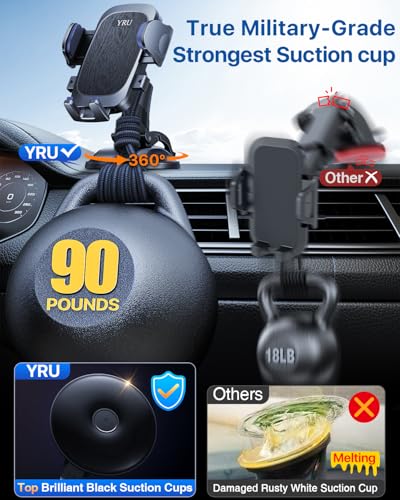 Military-Grade Anti-Shake & 360° Rotatable Suction 2026 Upgraded Car Phone Holder Mount 90+LBS Safest Strongest & Patent Certs Dashboard Windshield Vent for iPhone 18 Pro Max 17 16 Samsung, Matt Black