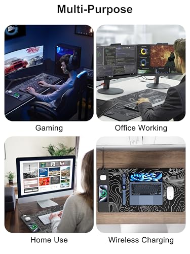 Mouse Pad with Wireless Charging, Large Desk Mat, Black Topographic Map #2 - color: Black Topographic Map #2