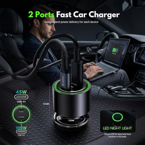 145W USB C Car Charger Charges Two Devices with 100W and 45W Outputs