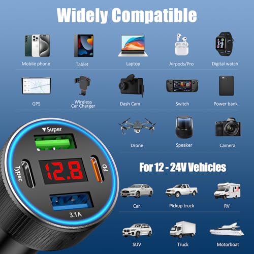 78W 4-Port USB C Car Charger Fast Charging Real-Time LED Voltmeter - color: Black