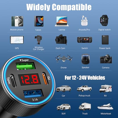 78W 4-Port USB C Car Charger Fast Charging Real-Time LED Voltmeter - color: Black