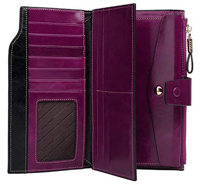 YALUXE Women's Real Leather Wallet RFID Protect 21 Card Slots Phone Pocket - color: 5- Waxed Fuchsia, size: Genuine Leather