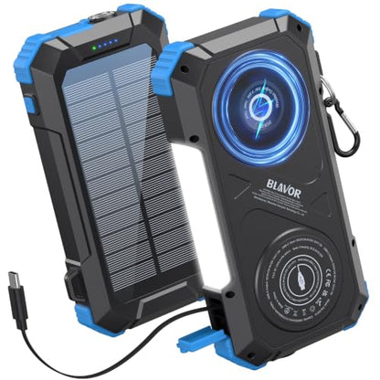 BLAVOR Solar Power Bank Built-in Retractable Cable 20000mAh - color: Blue