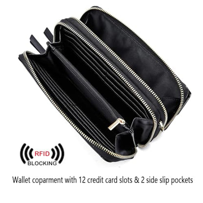 RFID Crossbody Wallet Wristlet Purse with Phone Pocket For Women Vegan Leather - color: Black