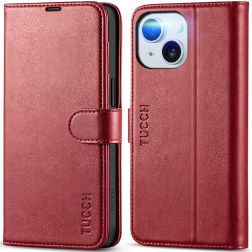 TUCCH Case Wallet for iPhone 15 (6.1") 2023, RFID Blocking Folio, Dark Red | 4 Card Holders, Kickstand, PU Leather, Magnetic Closure, Shockproof TPU Shell, Protective Flip Cover - color: Dark Red