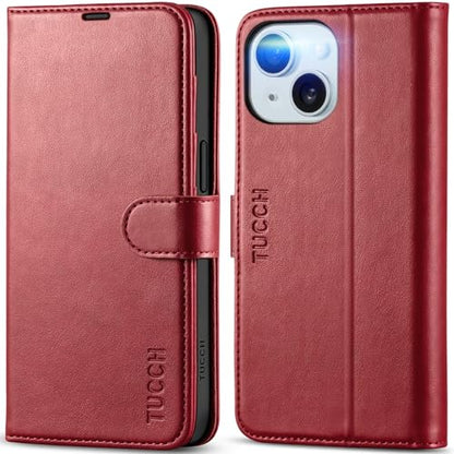 TUCCH Case Wallet for iPhone 15 (6.1") 2023, RFID Blocking Folio, Dark Red | 4 Card Holders, Kickstand, PU Leather, Magnetic Closure, Shockproof TPU Shell, Protective Flip Cover - color: Dark Red