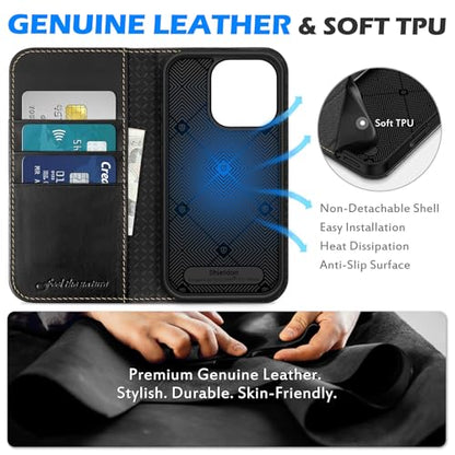 SHIELDON Real Leather Case Wallet for iPhone 16 Pro 6.3" 2024, Retro Black | Flip Magnetic Cover, RFID Blocking, Credit Card Slot, Kickstand, Book Design, Soft Shockproof Phone Shell - color: Retro Black