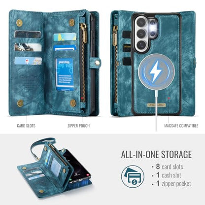 Compatible with Samsung Galaxy S26 Ultra Wallet Case with Magsafe with Zipper & Card Holder Strap Wristlet Detachable Magnetic Protective Back Case for Galaxy S26 Ultra 5G 6.9 Inch (Blue) - color: (Detachable and Magsafe)-Blue, size: S26 Ultra 6.9 Inch