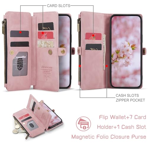 Defencase for Samsung Galaxy S24 Wallet Case with RFID Card Holder, Pink | Durable Soft PU Leather, with Zipper Pocket, Wrist Strap, Fashion Snap Flip S24 Phone Cases Cover with Stand for Women Men - color: Rose Pink