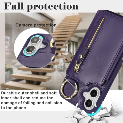 Ｈａｖａｙａ for iPhone 16 case Wallet with Card Holder for Women Men Shockproof Phone case with Keychain Ring Stand Leather Zipper Credit Card Slots-Deep Purple - color: Purple-Ring