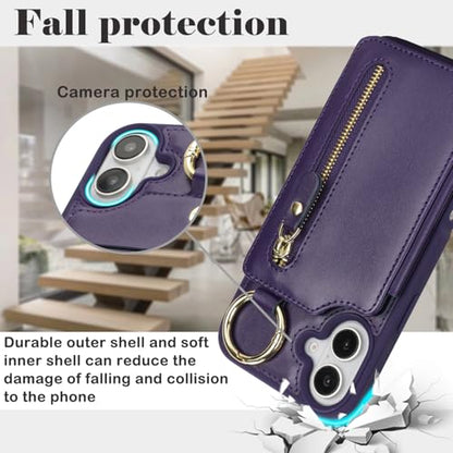 Ｈａｖａｙａ for iPhone 16 case Wallet with Card Holder for Women Men Shockproof Phone case with Keychain Ring Stand Leather Zipper Credit Card Slots-Deep Purple - color: Purple-Ring