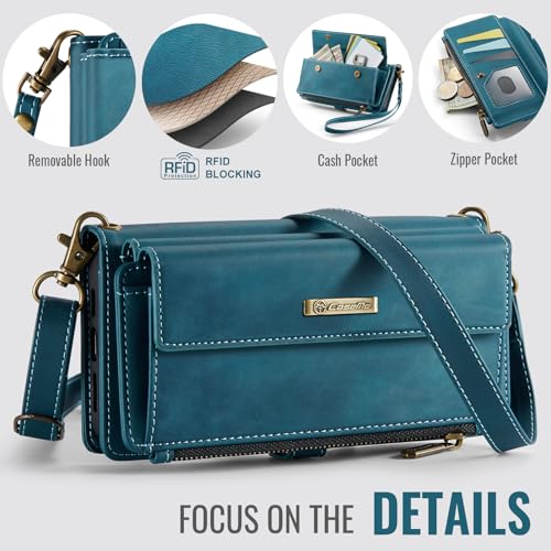 Wallet Case for iPhone 17 Pro Max – RFID Blocking PU Leather Phone Case with Card Holder, Zipper Pocket, Kickstand, Magnetic Closure, Shoulder & Wrist Strap, Blue Green - color: Blue Green, size: iPhone 17 Pro Max