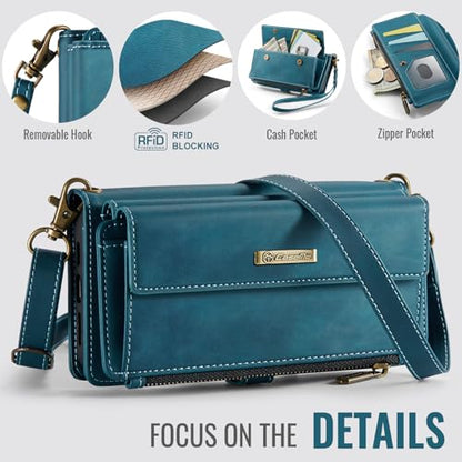 Wallet Case for iPhone 14 Plus – RFID Blocking PU Leather Phone Case with Card Holder, Zipper Pocket, Kickstand, Magnetic Closure, Shoulder & Wrist Strap, Blue Green - color: Blue Green, size: iPhone 14 Plus