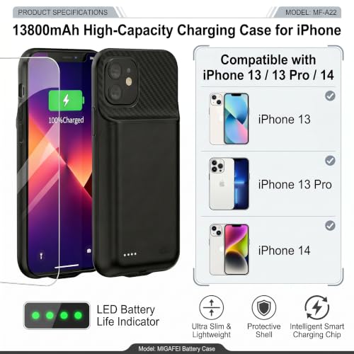 Battery Case for iPhone 13/13Pro/14, 13800 mAh Ultra-Thin Protective Charging case, Portable Rechargeable Expandable Battery Charger, Compatible with iPhone 13/13Pro/14 (6.1 inches), Black
